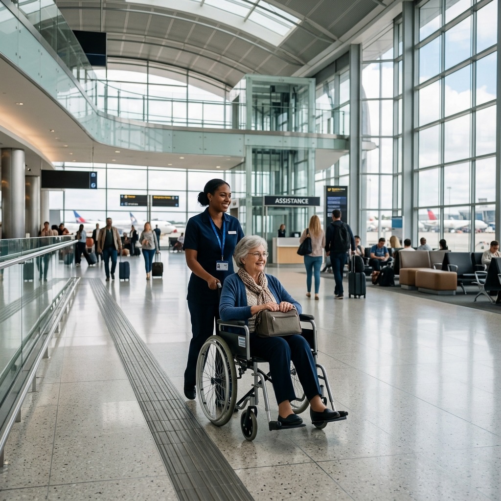 Terminal de aeropuerto accesible con señalización clara
