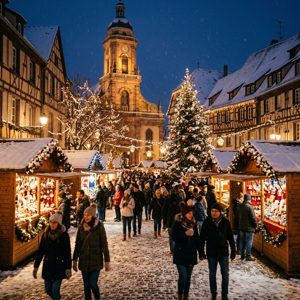 Ciudad europea decorada para Navidad con luces y mercadillos