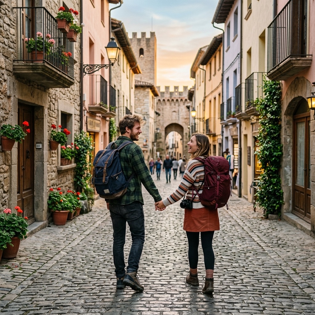 Pareja paseando por una ciudad europea romántica