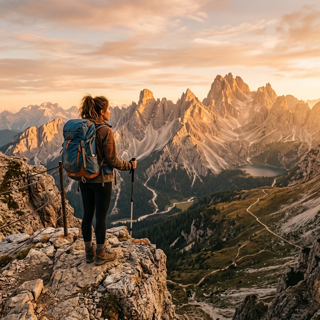 Viajero con mochila ante un paisaje montañoso de aventura