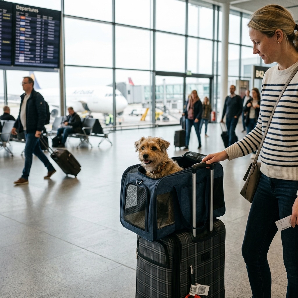 Interior de avión preparado para viaje con mascota