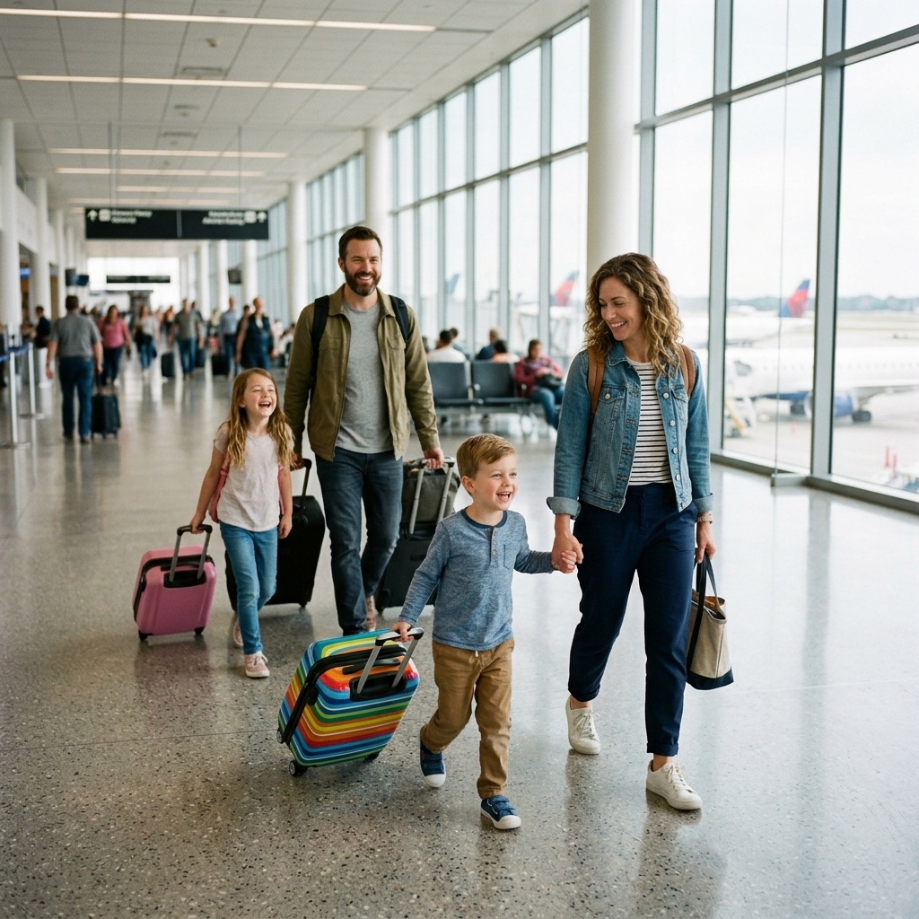 Familia preparándose para volar con niños