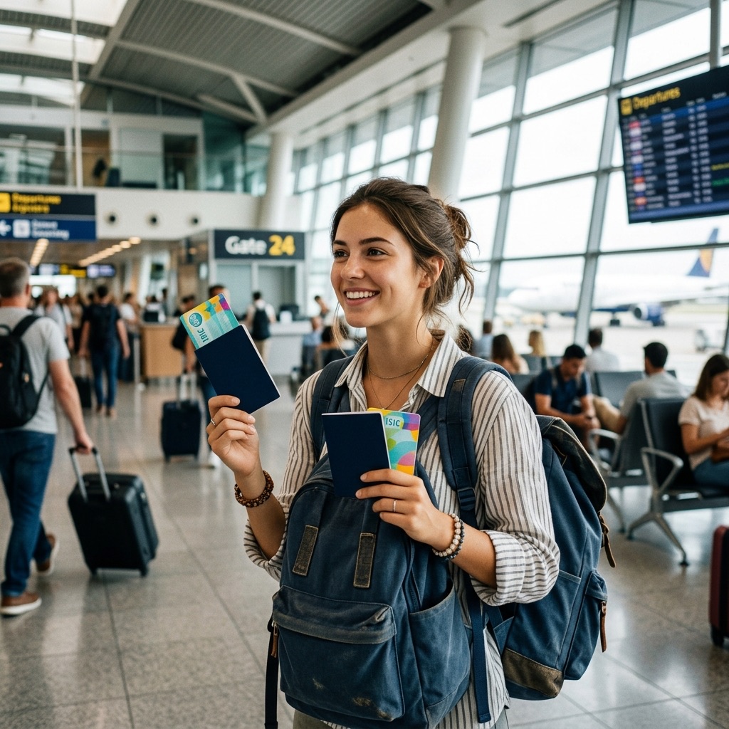 Estudiante joven viajando en avión con mochila